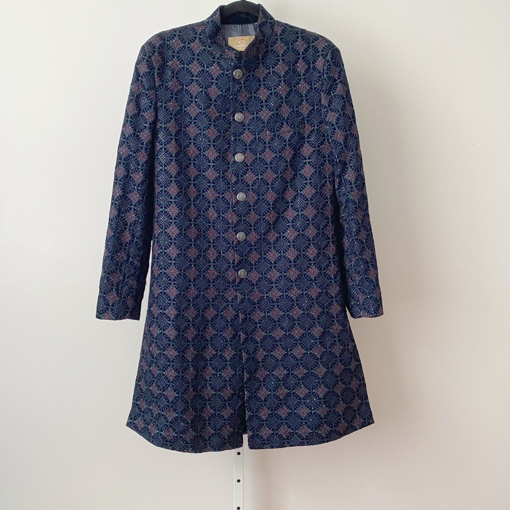 Laromani Blue Embroidered Sequin‎ Sherwani Nehru Collar Long Jacket Coat